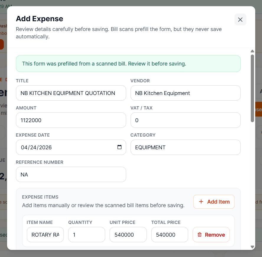 Scanned bill details filled into the AI expense form